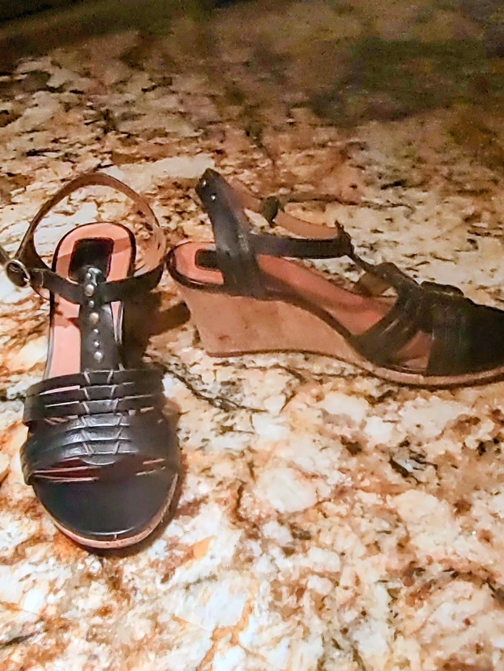 Clarks Black Leather Strappy Wedge Sandals